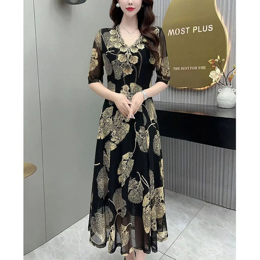 Rochie la modă cu gât în V Floral V-Neck Rochie pentru femei 2023 Vara New Elegant Anti-îmbătrânire burta ascunde slăbire Lungime medie A-Line fusta